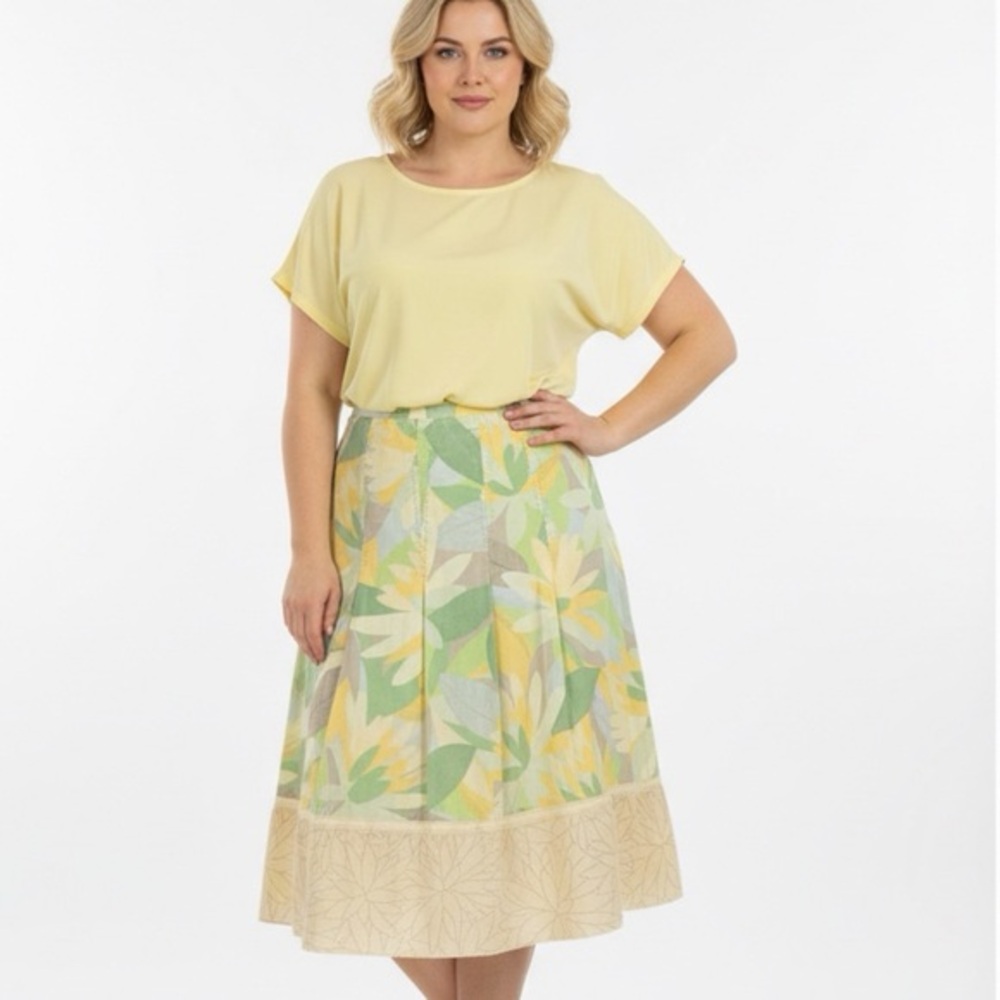 SIGRID OLSEN yellow, green and grey Silk & Cotton floral midi skirt Size 8